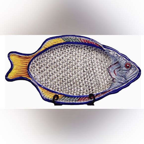 De La Cal Serving Platter Handpainted Artistic Blue Yellow Fish 10.5 X 10 Plate - Picture 4 of 12